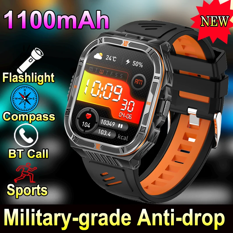 

1100mAh Men Women Military-grade Smart Watch Compass Outdoor Sports Wrist Watches Anti-fall LED Flashlight BT Call Smartwatch