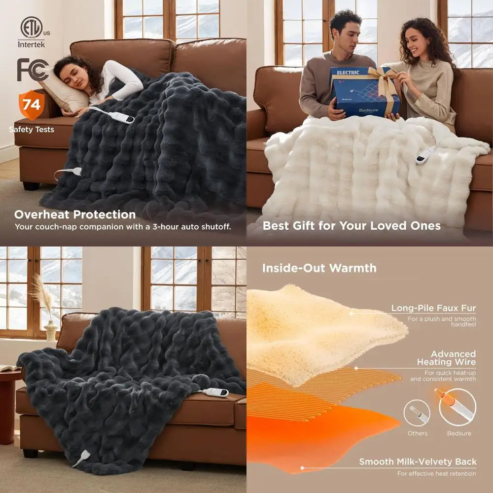 

Ultra-Soft Grey Faux Fur Electric Blanket with 6 Heat Levels, 4 Timers, 3-Hour Auto-Off, 50x60