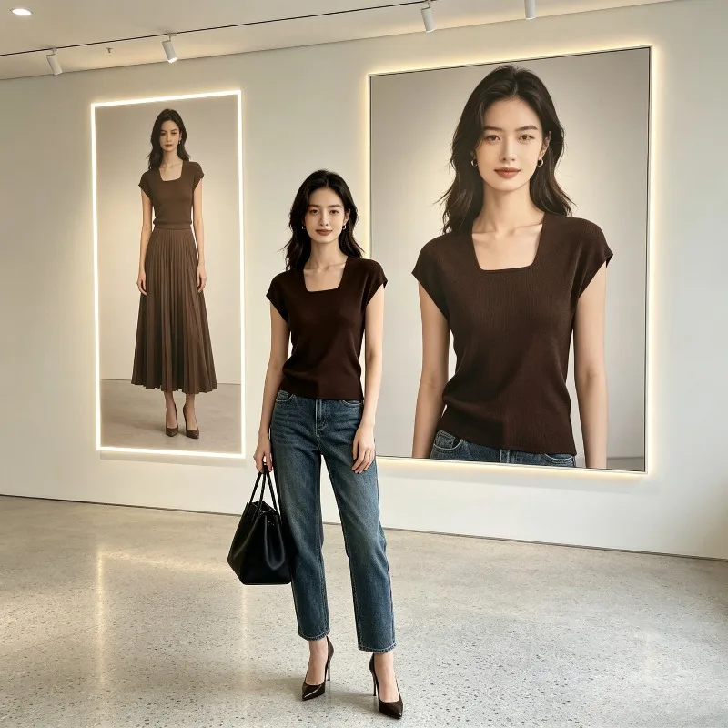 Miyake Pleated 2026 French U-Neck Pleated Flutter Sleeve Women's Summer Solid Color Slim Fit Short Sleeve T-Shirt Versatile Top