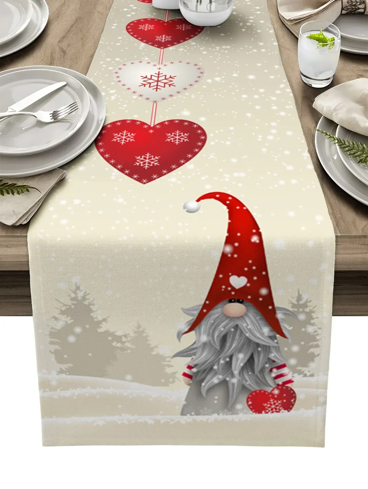 1Pc Christmas Gnome Style Table Runner Beige Red Heart Snowflake Print Table Cover For Dining Room Kitchen Holiday Decoration Ta