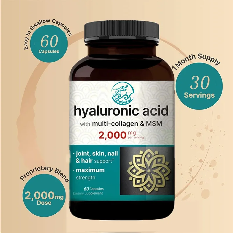 Hyaluronic acid 60 capsules dimethyl sulfone and multi collagen support skin moisturizing, joint lubrication,hair and eye health