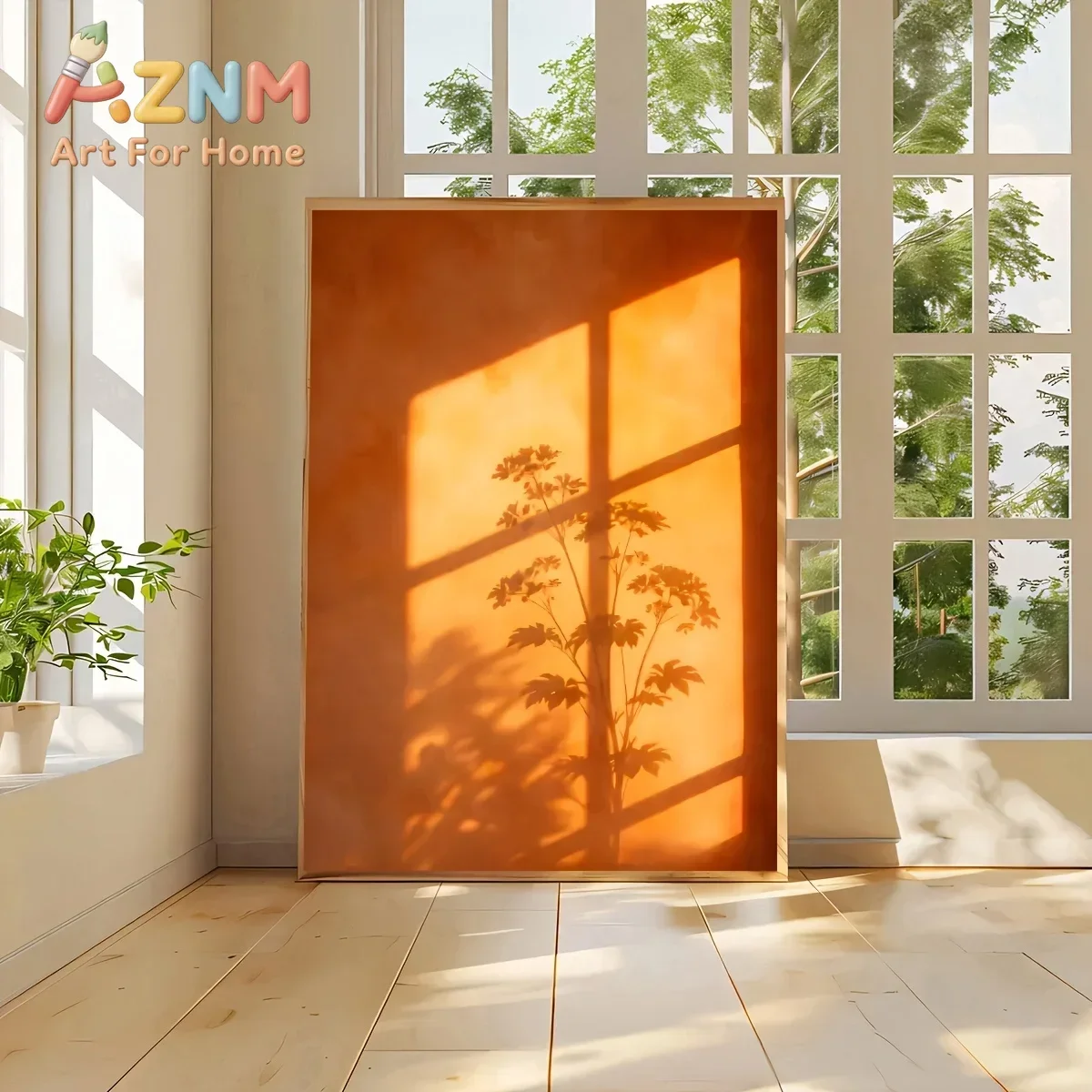 AZNM Warm Window Shadow Plant Canvas Wall Art Frameless Sunset Aesthetic Print Poster for Home Living Room Bedroom Wall Decor