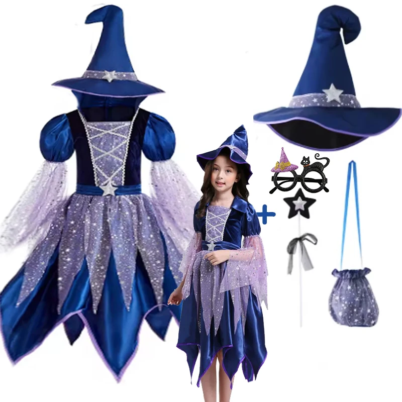 

Костюм принцессы эльфа для девочек, детский костюм ведьмы на Хэллоуин, элегантный фэнтезийный детский костюм для косплея, карнавальный нарядный костюм ведьмы, праздничное платье, шляпа