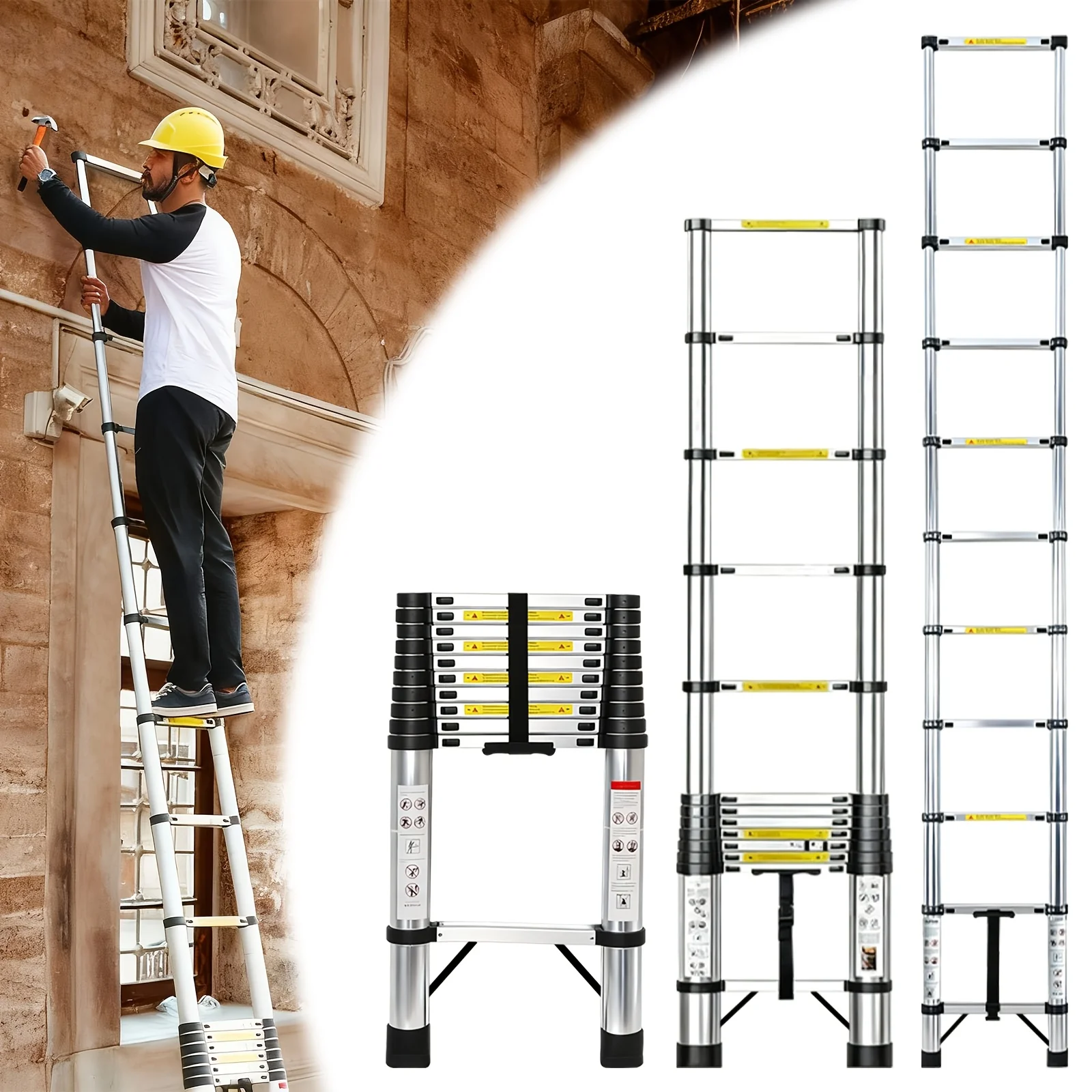 Multi-Size Stainless Steel Telescoping Ladder, 300 lbs Heavy Duty Load, Reinforced Safety Lock & Anti-Slip Nylon Feet, Collapsible Space Saving Design for Indoor Repairs & Outdoor Construction