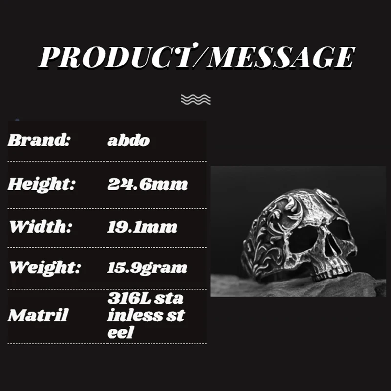316L Stainless Steel Various Design 2022 New Arrive Classical Skull Men`s Ring With Pattern Punk Rock Gothic Creative Jewelry