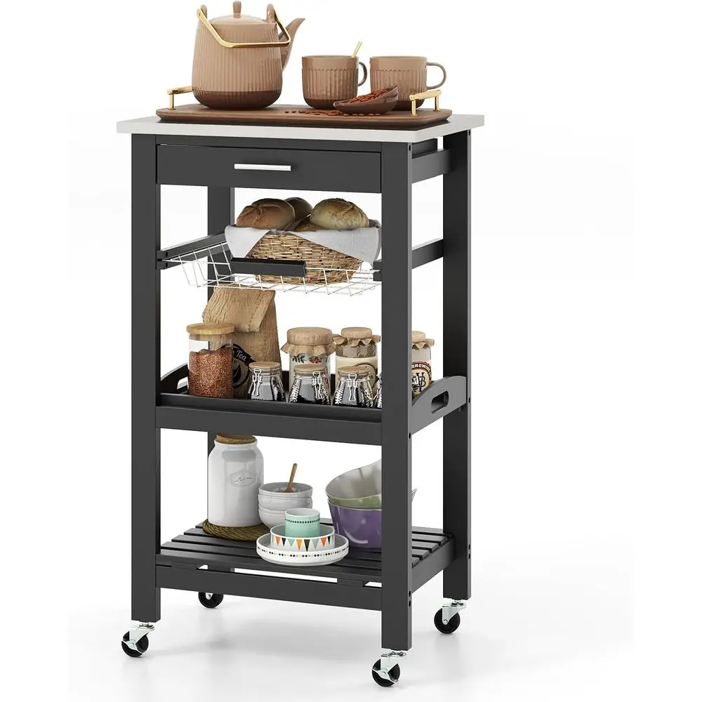

4-Tier Rolling Kitchen Island Cart with Mesh Basket, Utility Serving Tray, Slatted Shelf, and Undertop for Kitchen and Dining (B