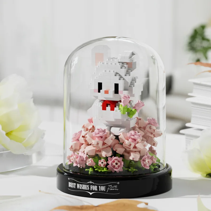 새로운 빌딩 블록 귀여운 애완 동물 정원 시리즈 교육 빌딩 블록 장난감 먼지 커버와 장미 토끼 데스크탑 장식품