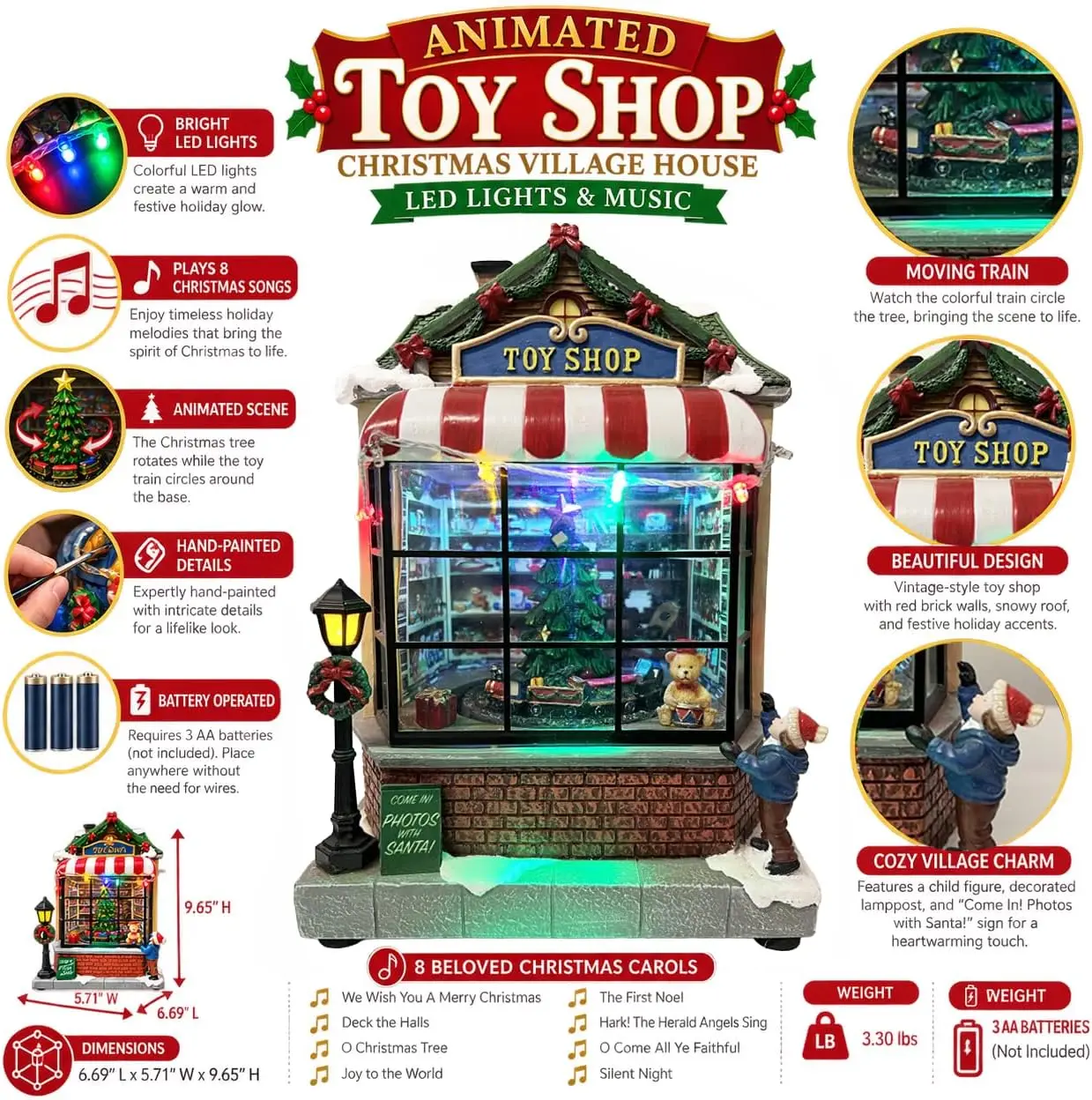 Battery-Operated Animated Christmas Village Toy Shop House, 9.7-Inch Tall, Hand-Painted Holiday Decoration with LED Lights, Music and Moving Christmas Tree