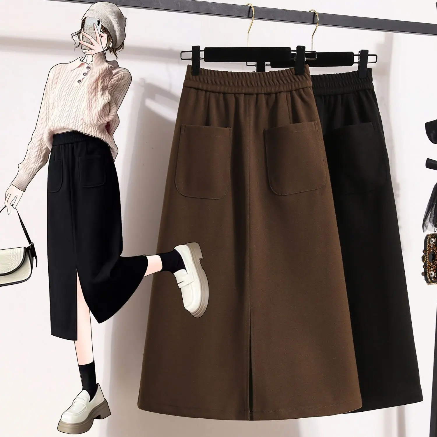 

Осень-зима, темпераментная однотонная юбка трапециевидной формы с высокой талией, женская модная плиссированная юбка с эластичной резинкой на талии, женская одежда, юбка