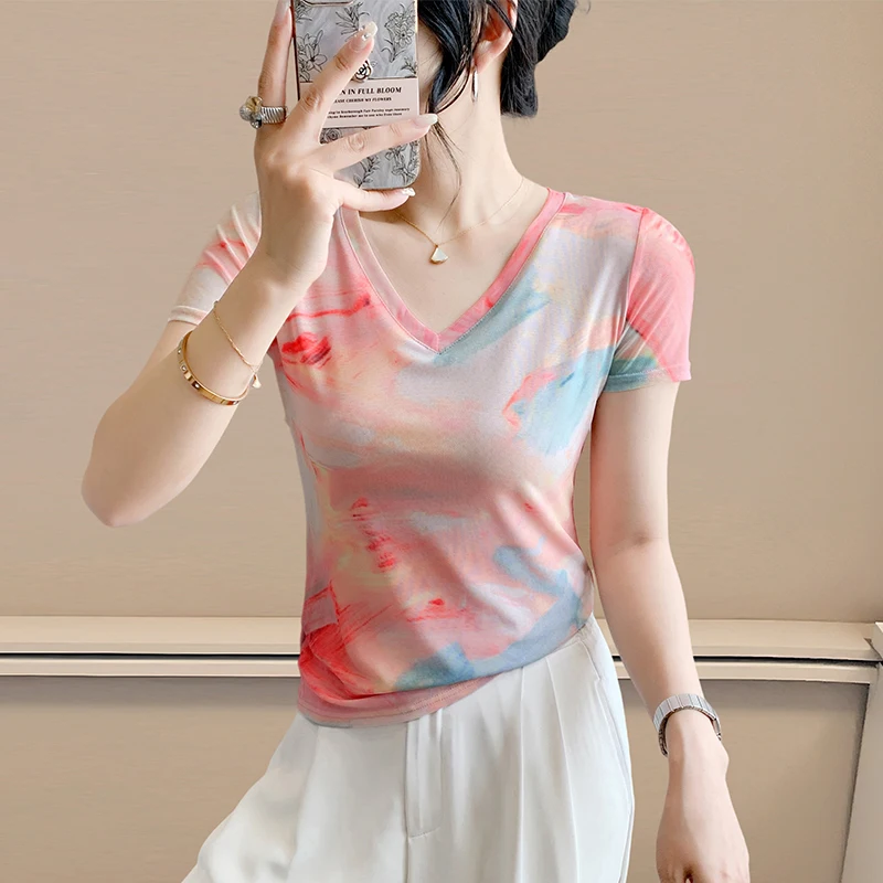 

Женский летний топ с принтом тай-дай, V-образным вырезом, облегающий, сетчатый, эластичный, в корейском стиле, с креативным геометрическим узором