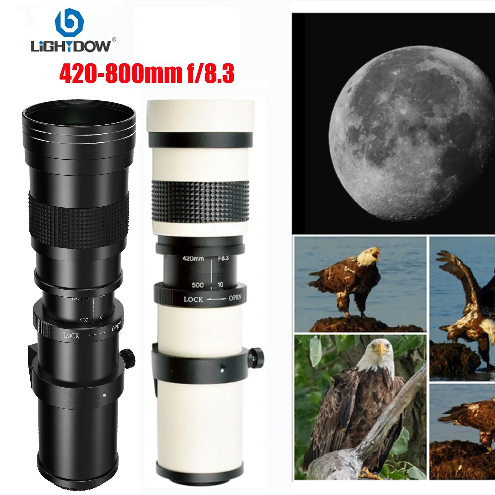 Lightdow 420-800mm f/8,3 lente súper teleobjetivo con Zoom Manual + montura en T (marco completo) para Canon Nikon Sony Fuji M43 Pentax L montaje