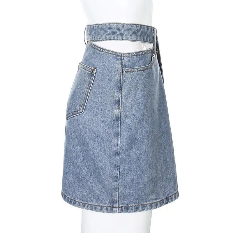 Kozoca Chic Single Side Hollowed Out Denim Skirt High Waist Slim Fit Casual Buttocks Wrapped Blue Short Skirts for Women