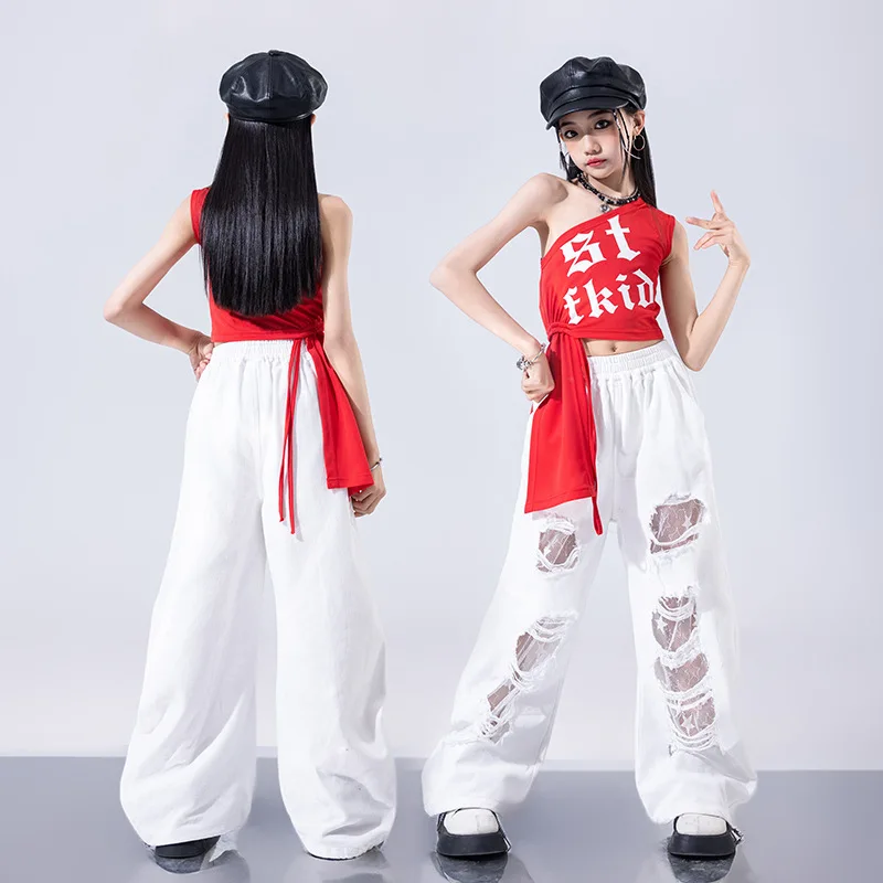 Jazz Dance Costume, Girls' Street Dance Performance Costume, Red Top, White Ripped Pants, Exposed Navel Dance Runway Show Set