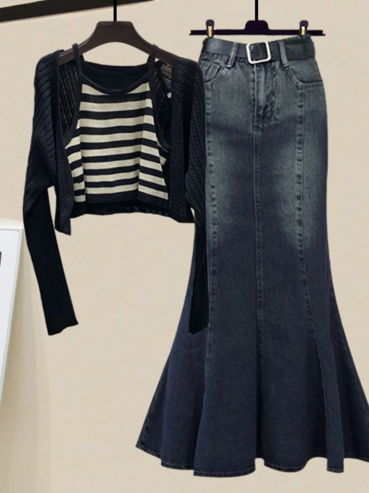 Automne Faion femmes Denim Dr Cardigan Fi queue jupe taille haute jupe Midi t-shirt pièce ensemble coréen Sle trajet Dr