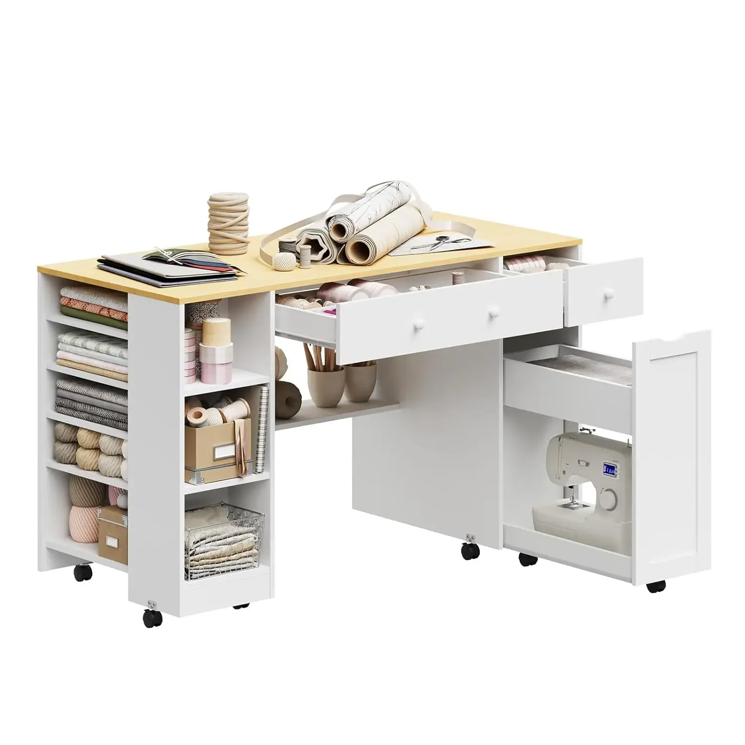 

Rolling Craft Table with Sewing Machine Storage Drawer, Sewing Table with Open Storage Cubes and Adjustable, Customized