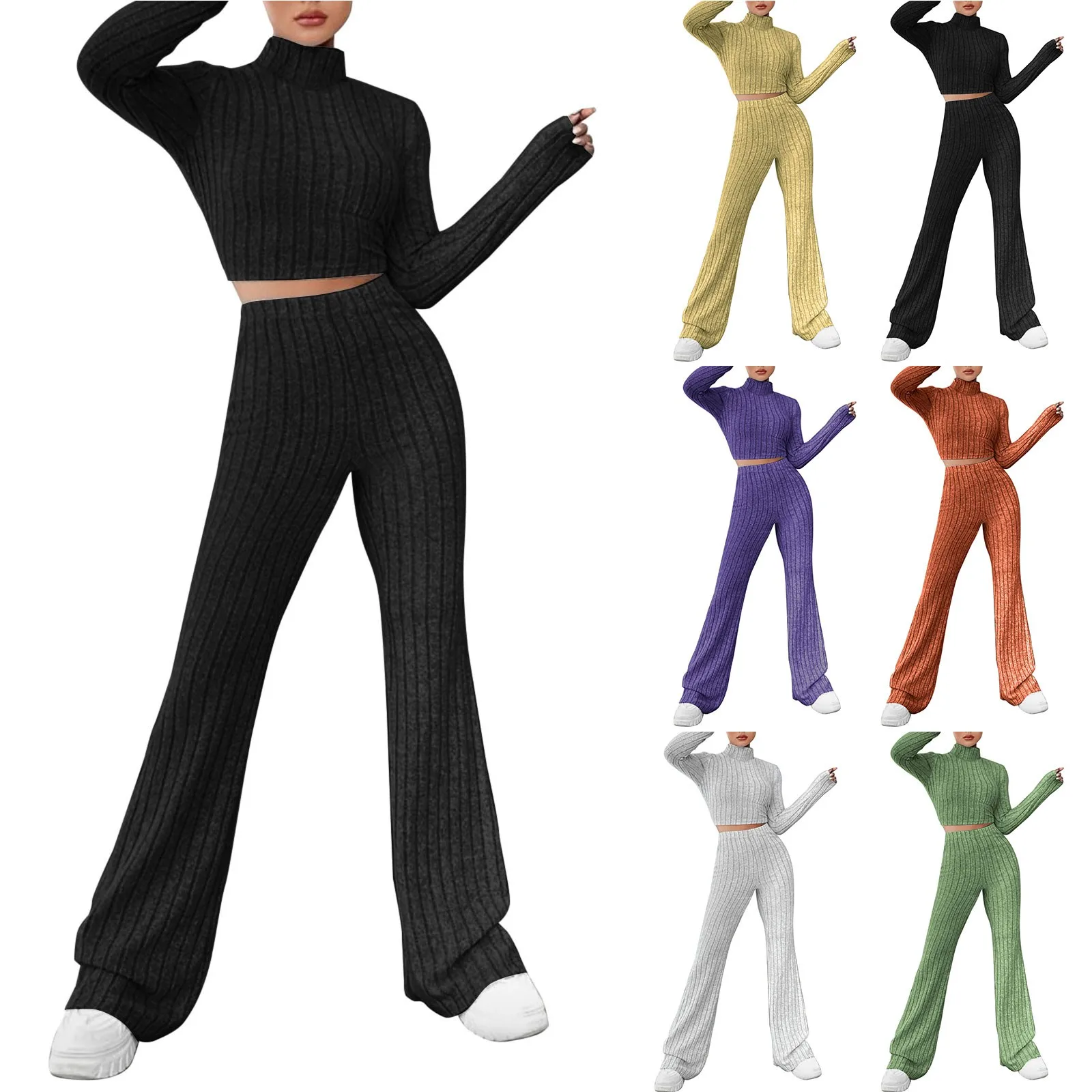 

2024 Women's Two Piece Knit Matching Outfits High Neck Slim Fit Tops And Flared Trousers Tracksuit Sets Womens Tall Pant Suits