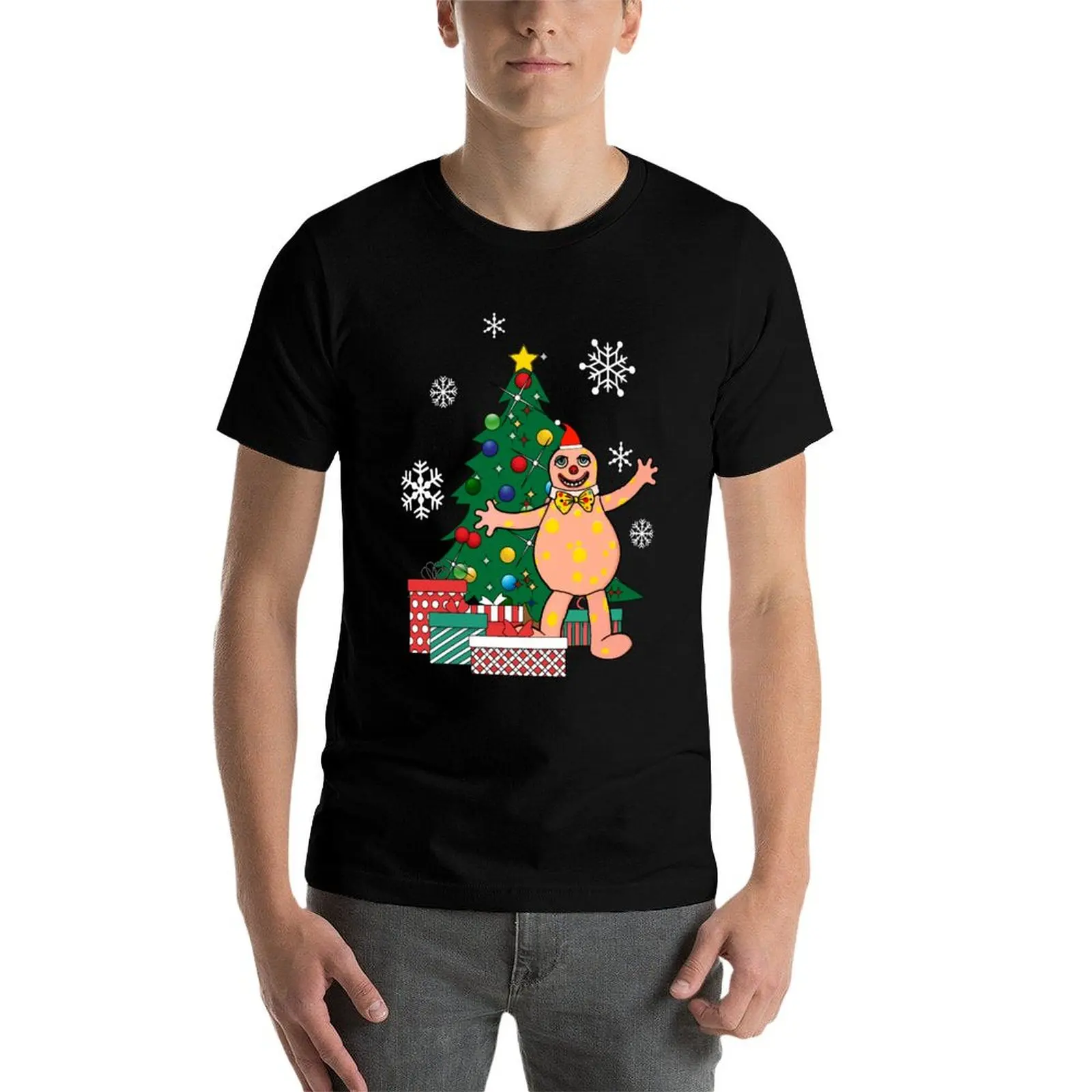تي شيرت Mr Blobby Around The Christmas Tree تي شيرت رجالي برسوم جرافيك تي شيرت قطني تي شيرت عالي الجودة #3