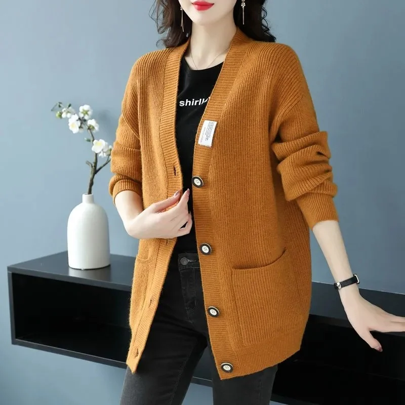 고품질 울 가디건 여성 재킷 2025 봄 가을 신상 스웨터 한국 스타일 루즈핏 레이지 윈드 니트 코트 두꺼운 여성 상의