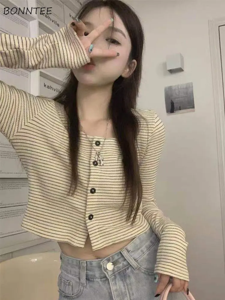 

Cardigans Women Cropped Soft Vintage Sexy Striped Long-sleeve Preppy Style Ulzzang Hotsweet Streetwear New Spring Chic All-match