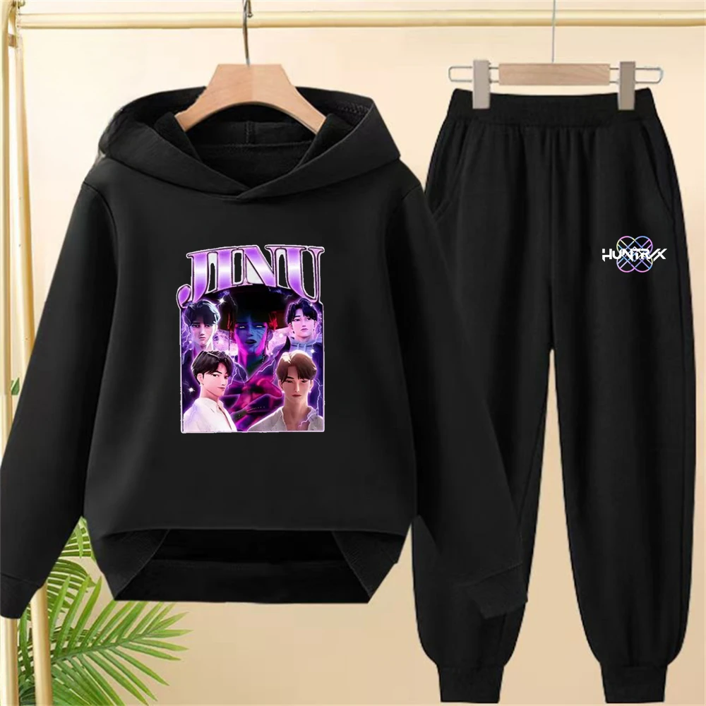 KPop شيطان الصيادين الوردي الأطفال هوديس + أسفل السراويل دعوى طفل 3-12 سنة معطف ملابس سوداء الفتيان الفتيات هوديي Sweatshirr #4