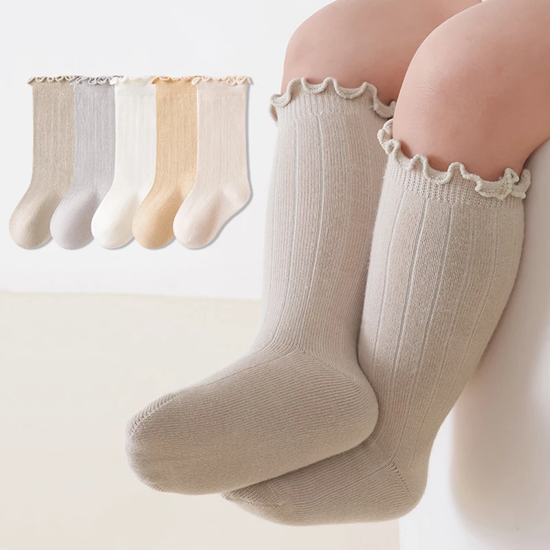 3/5 Pairs Infant Girls Socks Lace Princess Solid Color Girls Stockings Soft Cotton Loose Cuff Toddler Baby Socks for Girls