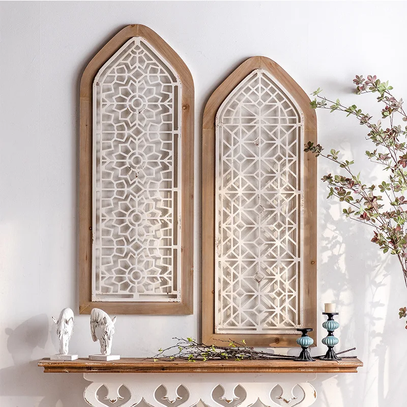 Sofa background wall decoration log color bedroom bedside pendant pastoral grid bed and breakfast wood carved wall decoration