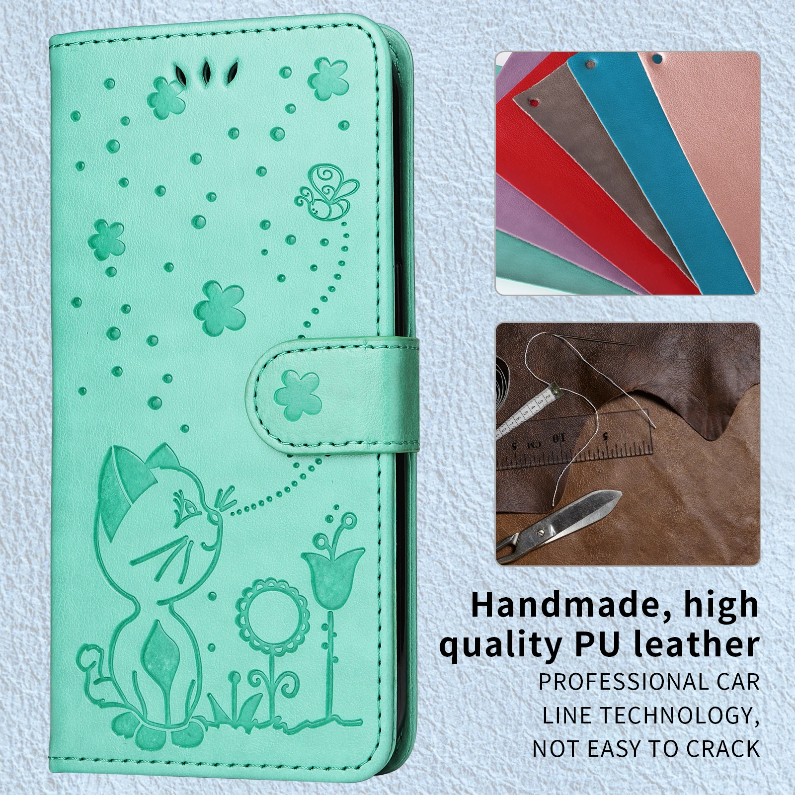 

Wallet Cat And Bee Embossing Slot Magnetic Flip Leather Case For iPhone 16E iPhone 17Air ProMax Phone Case iPhone 16 Plus