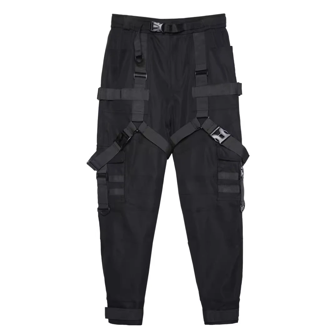Hip Hop Tactical Pants Men Ribbons Joggers Cargo Trousers 2025 Spring Functional Elastic Waist Fahsion Streetwear Pant Black
