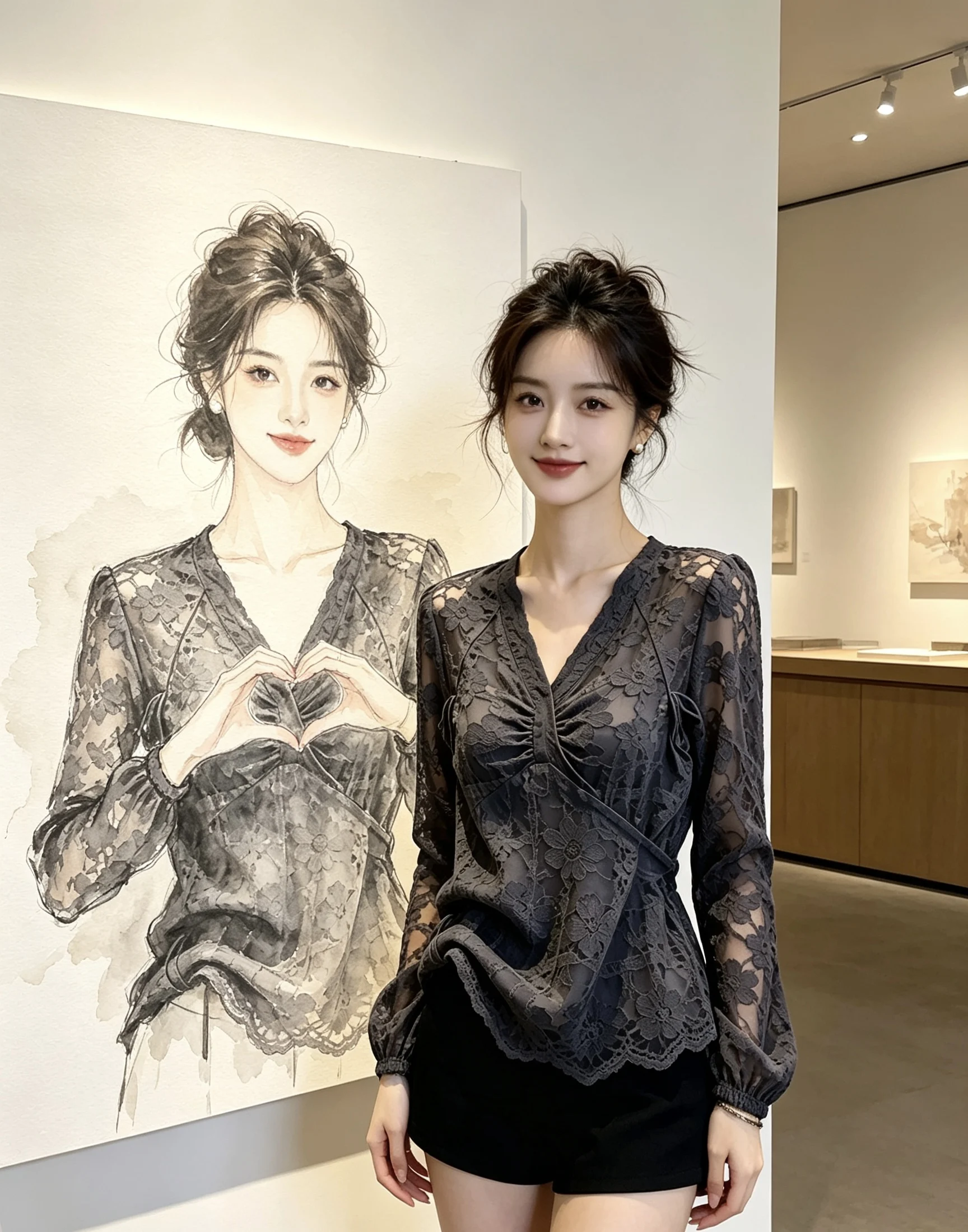 Grey Lace Top Women's Cross Design Commute Style Gentle Feeling High-End Sensation Loose Fit Long Sleeve V-Neck Polyester Shirt 4