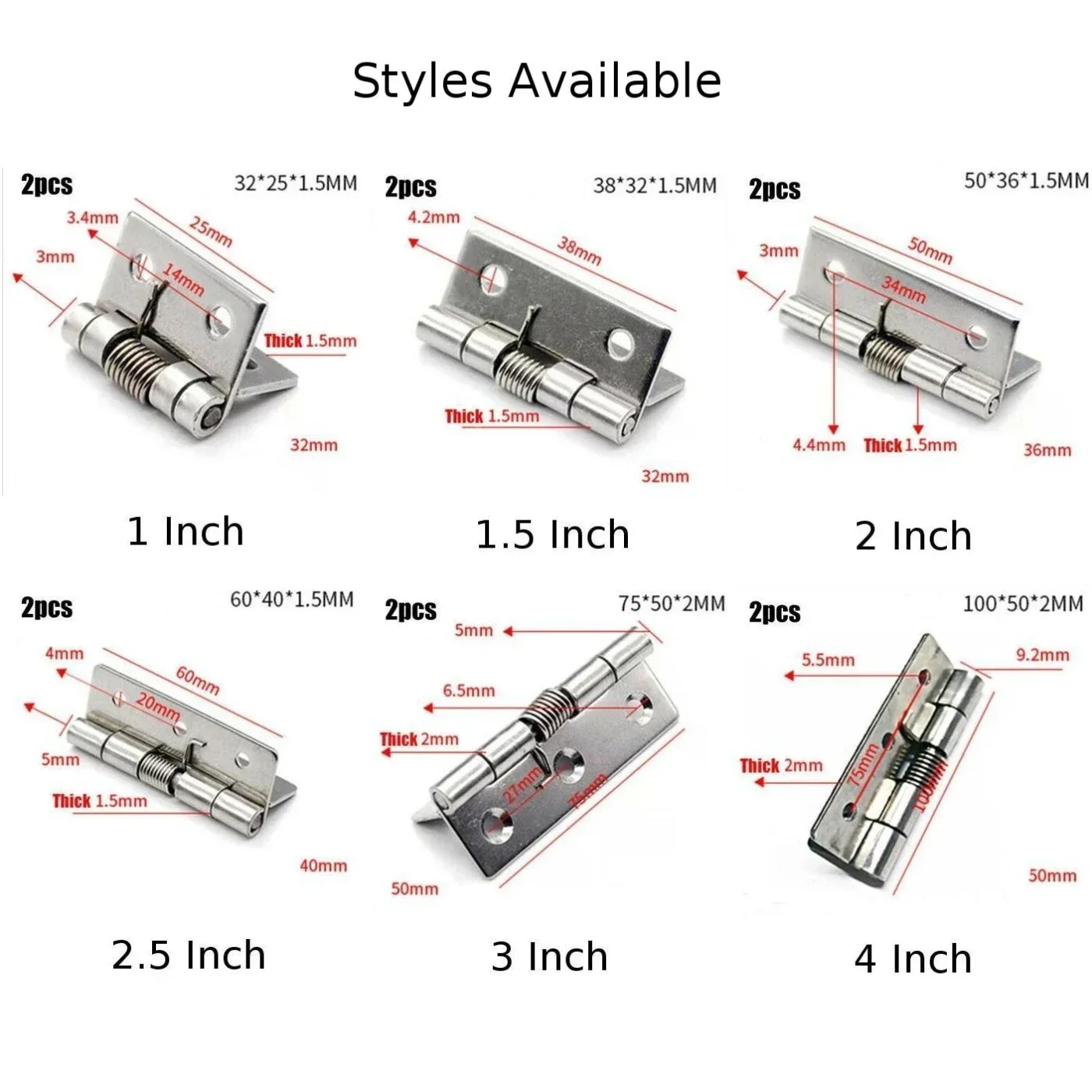 2 PCS Self Closing Door Hinge Spring Hinges 304 Stainless Steel 1/1.5/2/2.5/3/4 Inch Spring Hinge Furniture Hinges Parts