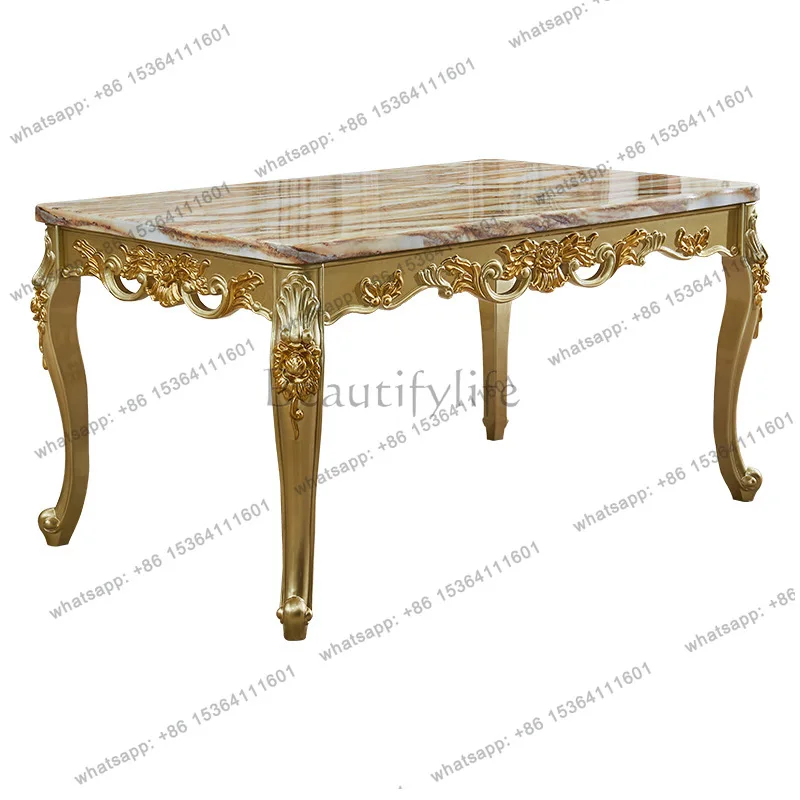 

European marble solid wood dining table, champagne gold carved dining table, rectangular 4-6 people