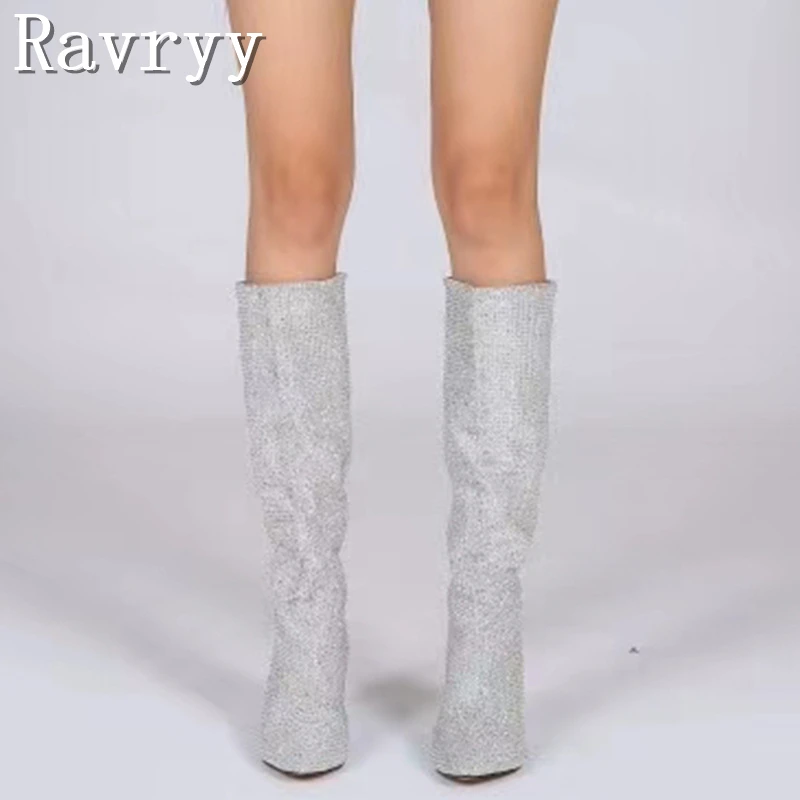 2023 New Rhinestone Pointed Tapered Heel Boots Straight Heel Starry Sky One Step Over Knee Length Boots for Women