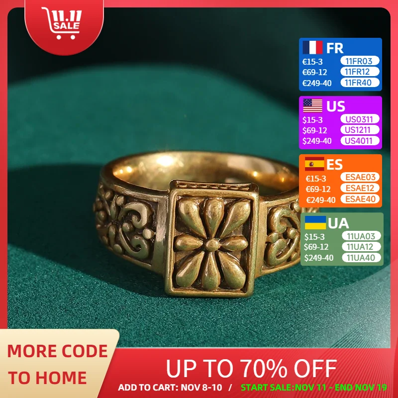 

Vintage Antique Gold Color Simple Flower Square Rings Gold Color Carving Jewelry for Women Band Carving Retro Accessories 2025