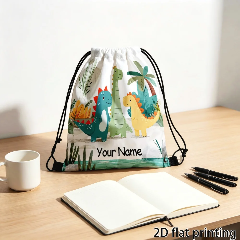 1Pc Custom Name/Text Cute Dinosaur Pattern Drawstring Backpack, Lightweight Sports Bag, Gym Storage Bag, Outdoor Travel Rucksack
