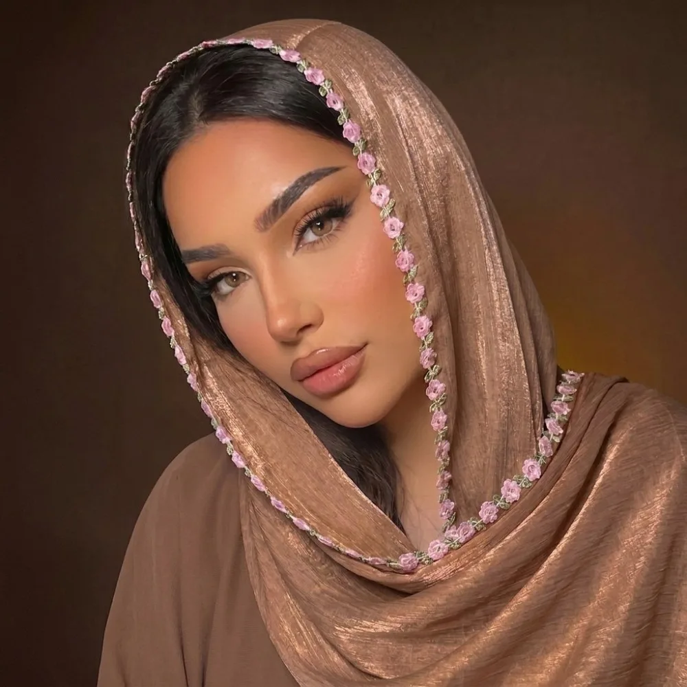 

Versatile Sheer Women’s Headscarf Shiny Lightweight Floral Hijab Floral Embroidery Breathable Sheer Veil Modest Fashion