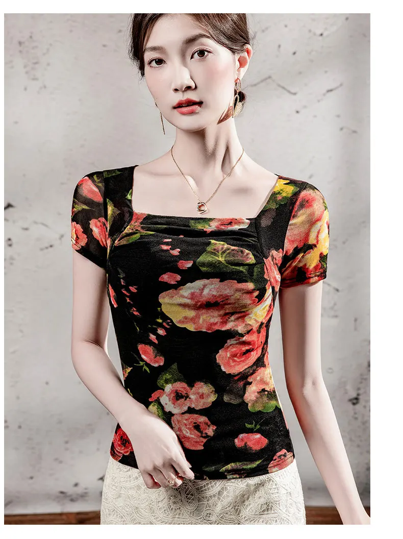 MadBlack-Women's European T-Shirt, Sexy Square Collar Print, Streetwear Short Sleeve Slim Mesh S-3XL Tee, 2025 Summer T56709CC