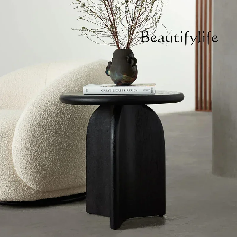 

S Charcoal Black Solid Wood round Tea Table Small Apartment Living Room Home New Log Bedside Table