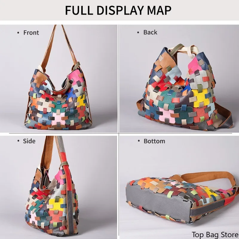 Vintage Shoulder Bag for Women Genuine Leather Handmade Color Block Patchwork Adjustable Strap Luxury Handbag Portable