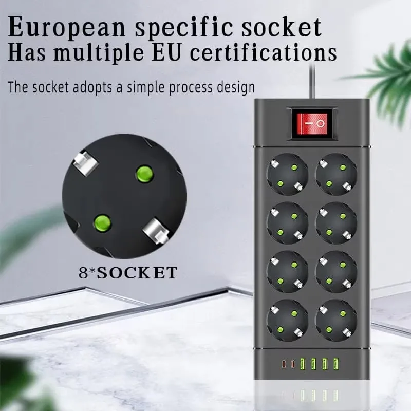 EU Plug Power Strip Outlet Extension Cord 6,8 or 10 Electrical Socket with 4 USB and 2 Type-C Ports Support 2500W Home Appliance view 3