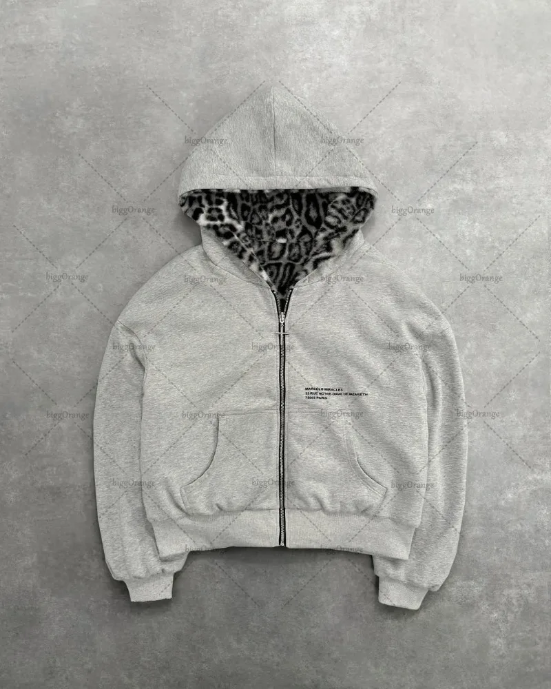 جديد Harajuku Y2K ليوبارد طباعة أفخم سترة قلنسوة بسحاب المرأة القوطية الرجعية ملابس الشارع الشهير الرجال العصرية المتضخم البلوز #2