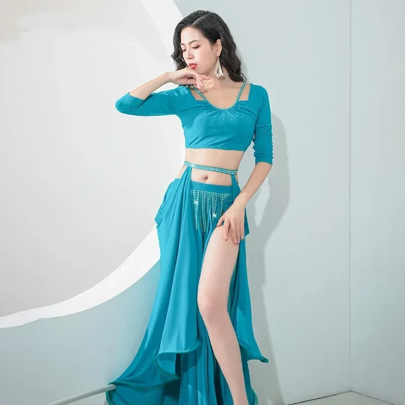 2024 Women Bellydance Costume Set 2 Piece Belly Dance Practice Performance Show Wear Competition Outfit Long Sleeve Top Skirt