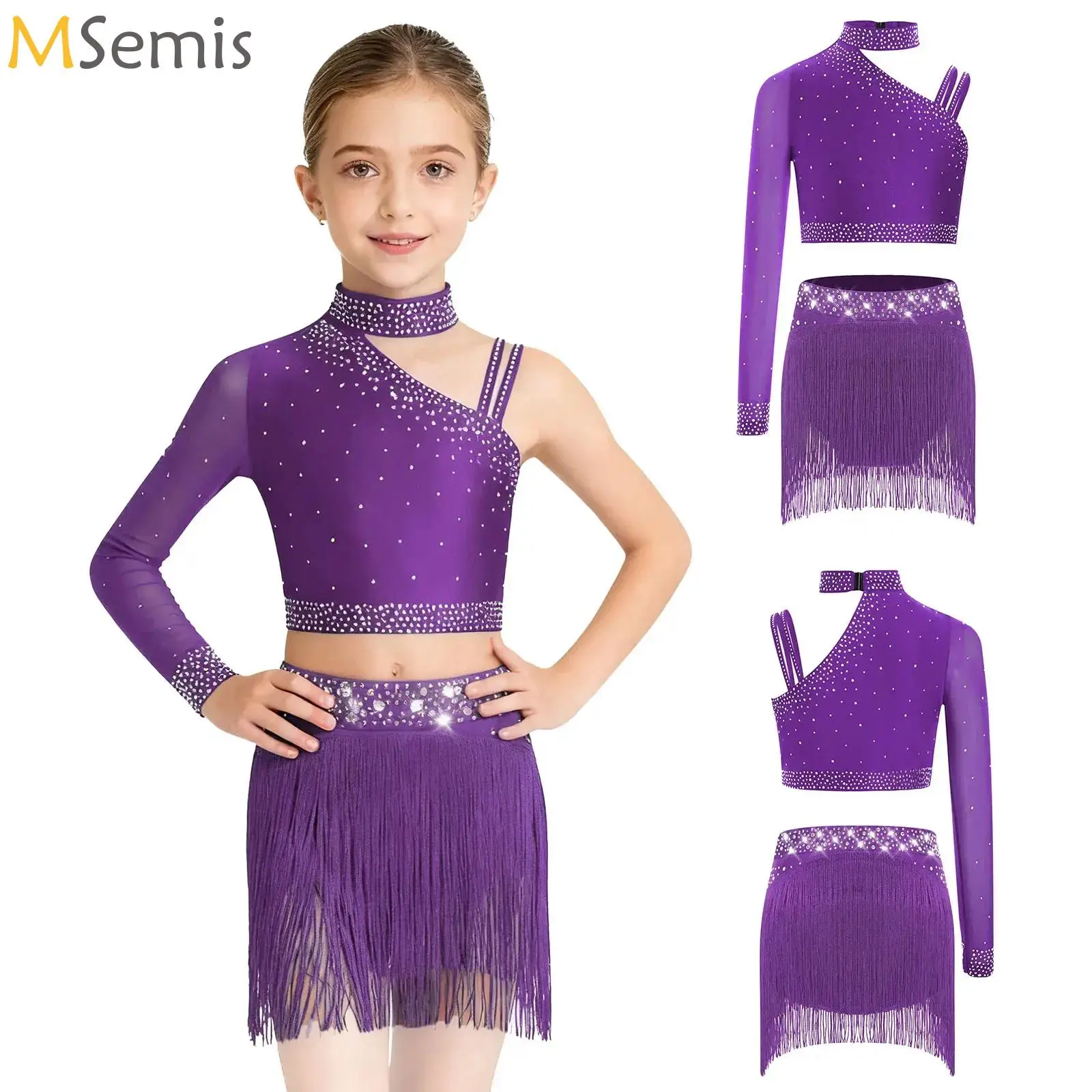 

Kid Fringed Latin Ballet Dance Leotard Glittery Rhinestones Crop Top+Fringe Bottoms Bodysuit for Figure Skating Tango Samba Jazz