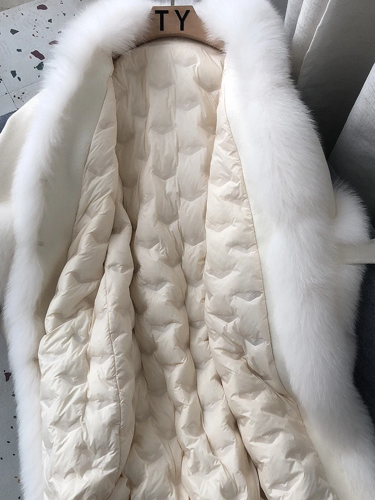 2023 New Winter Women  Natural Fox Fur Collar  Long White Goose Down Jacket Wool Coat Warm CoatThick Luxury Female Coats