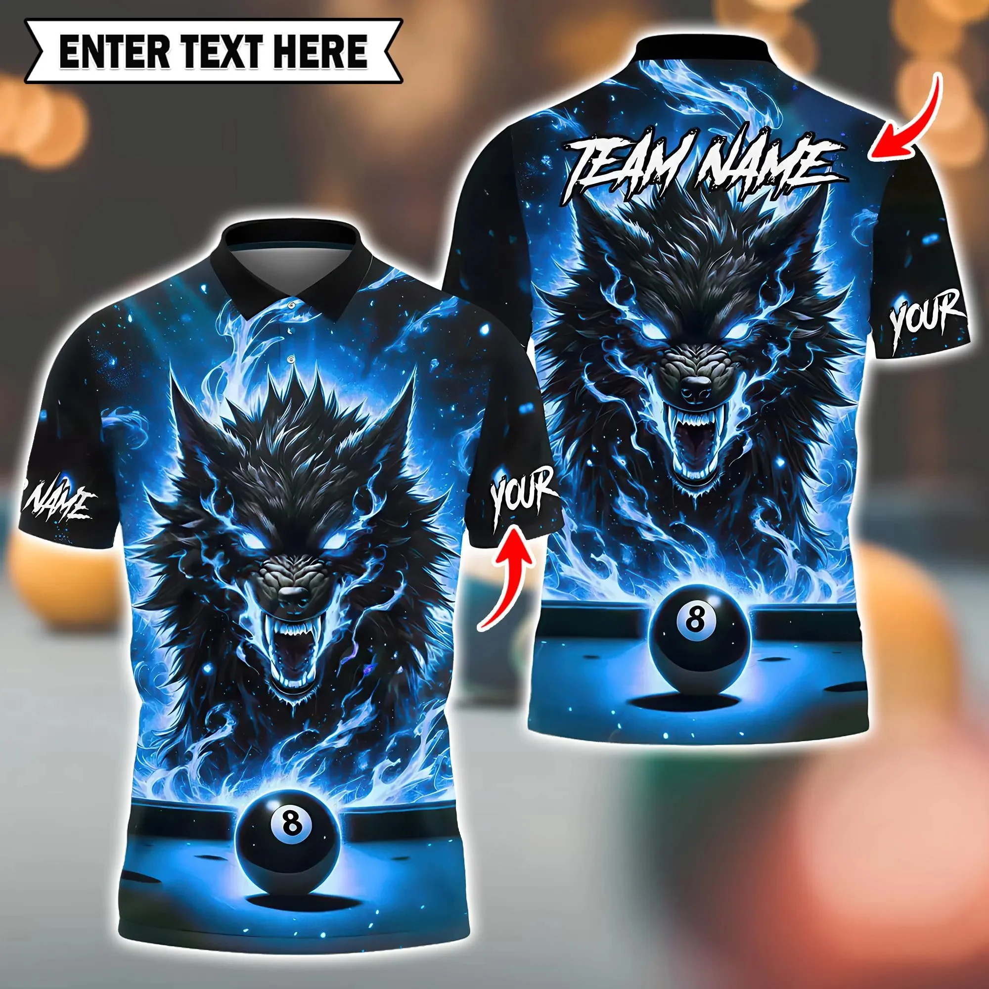 

Custom 3D Billiard Jersey Fire Wolf And 8 Ball Design With Personalized Name And Team Polo Multiple Color Options POLO Shirts