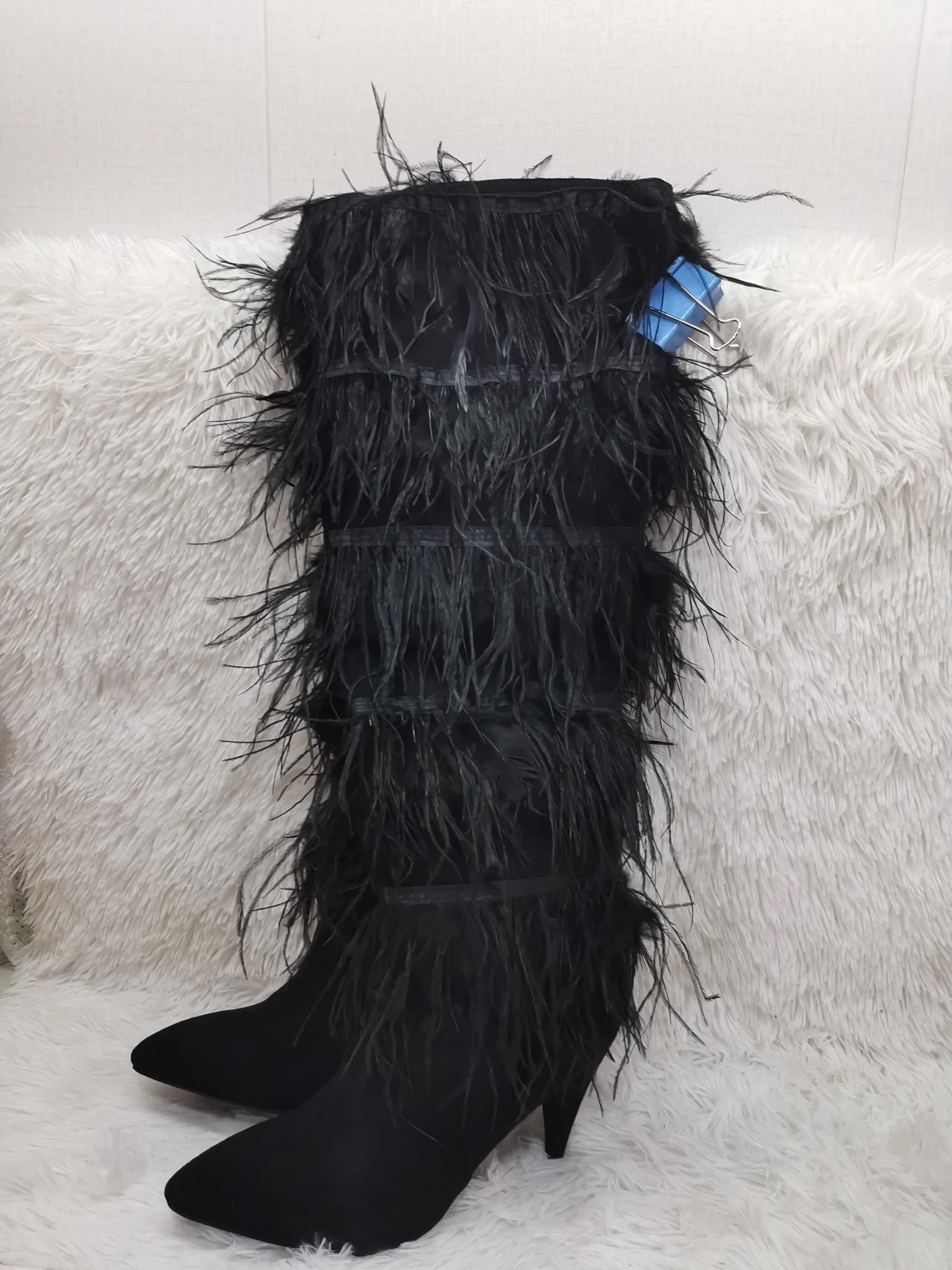 Furry Fur Tassel Feather Modern Boots Pointed Toe Stiletto Solid Sexy Over The Knee Boots Runway Show Plus Size Spicy Girl Shoes