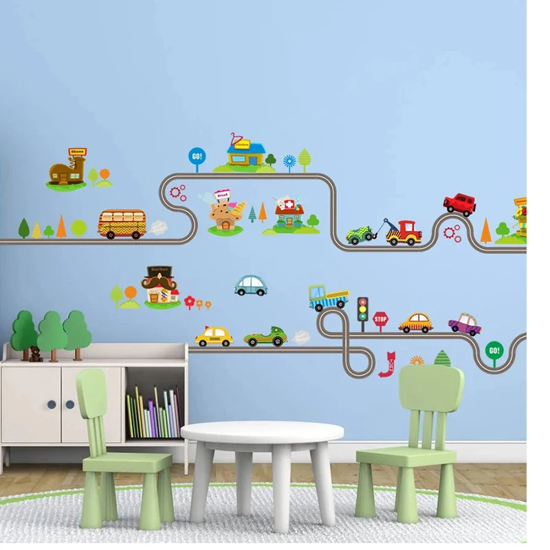 Pegatinas de pared de pista de carretera de coches de dibujos animados para habitaciones de niños, pegatinas de arte de pared, decoración de