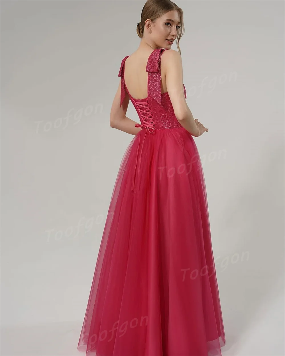 Toofgon brilhante vermelho a linha vestidos de noite personalizado brilhante querida vestidos de baile feminino rendas até vestido de festa ocasião especial