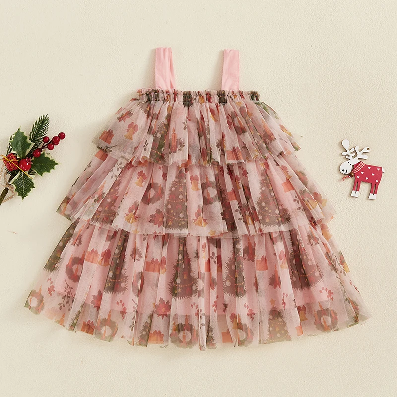 Christmas Snowflake Print Sleeveless Spaghetti Strap Tulle Ball Gown Dress with Bow Detail and Floral Wreath Embellishment