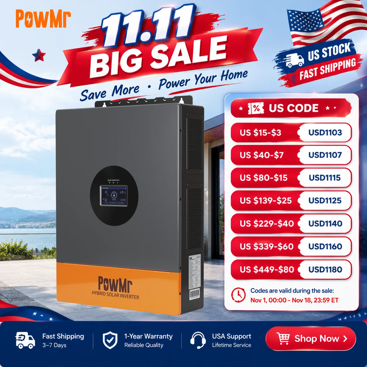PowMr Split-Phase 12.5kW Inverter 48V Battery with Dual MPPT Max 500V PV Input 200A Charg Current Up to 6 Units in Parallel Capable  Built in BMS for 48V Solar Home Panel