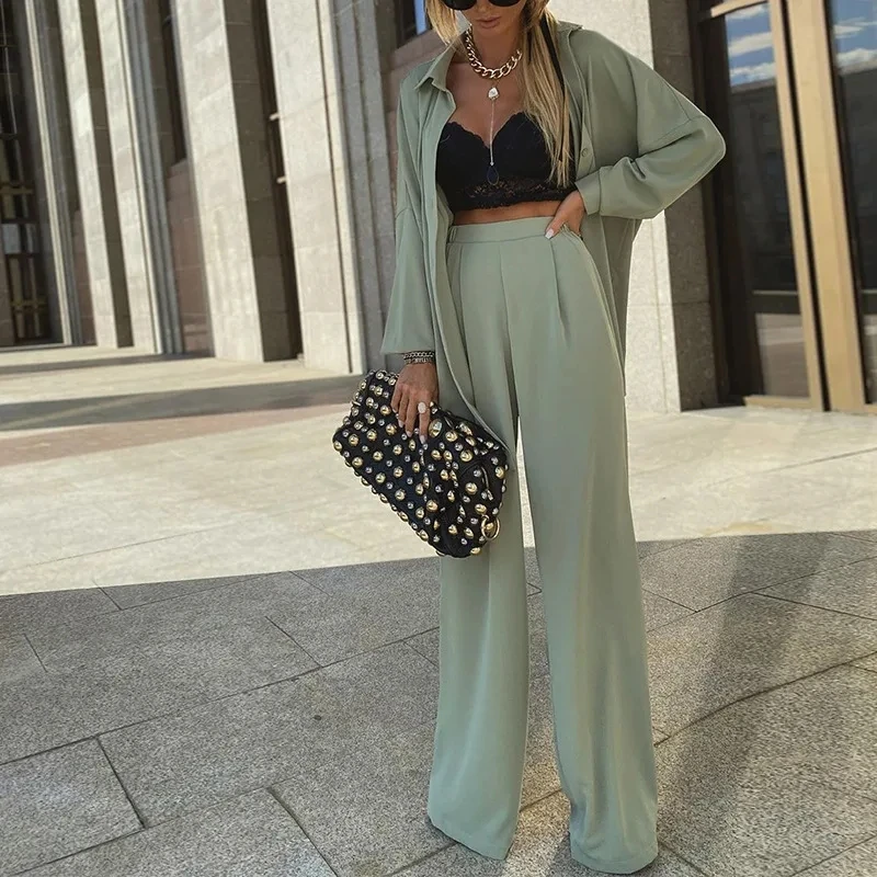 

Autumn Women's Long-sleeved Shirt 2 Piece Set Fashion Casual Loose Simple Wide Leg Long Pants Set Female 2025